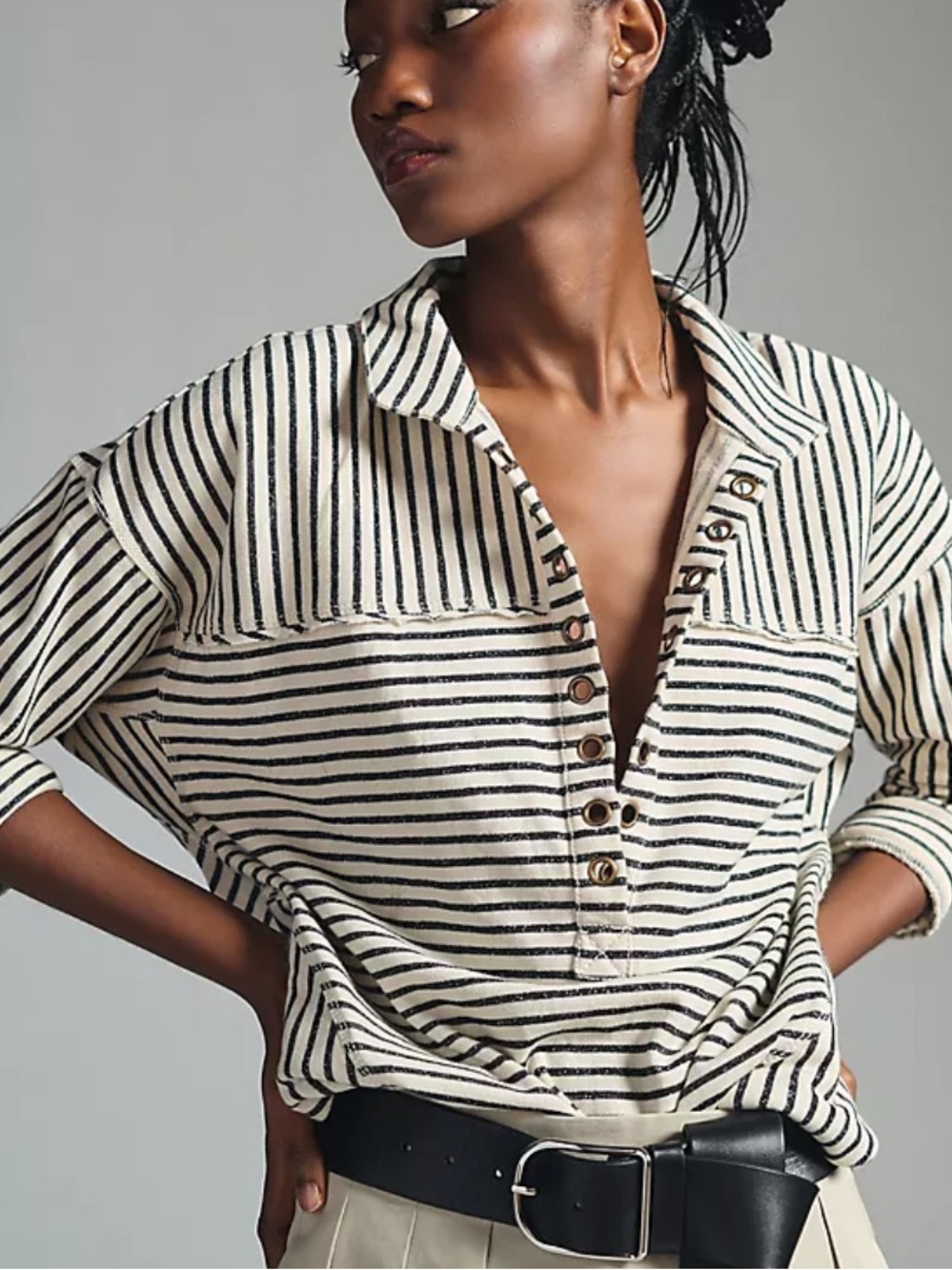 Pilcro Anthropologie Striped Sliced Henley Long Sleeve Shirt M